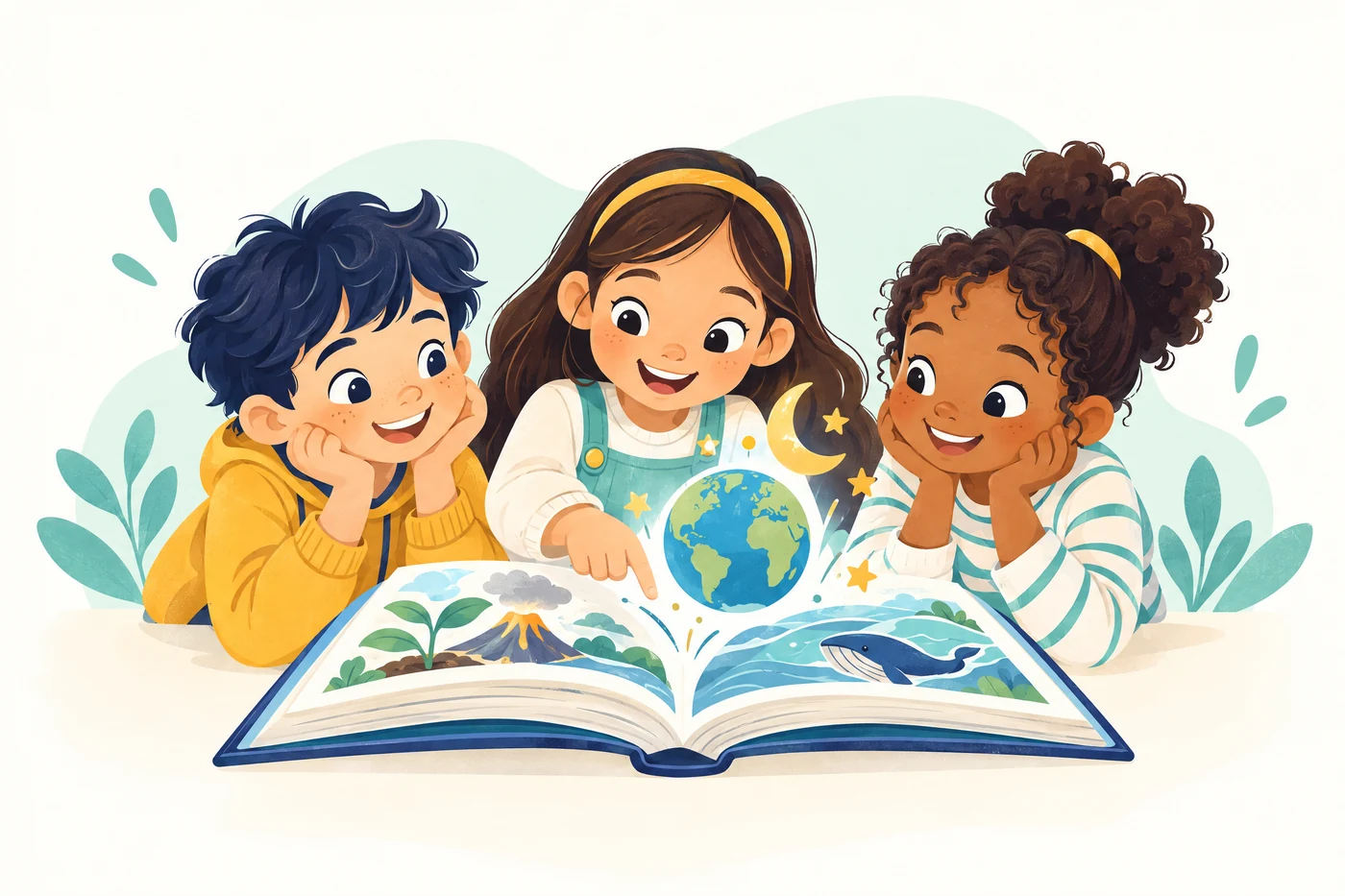 Ilustración de tres niños descubriendo la Tierra, la Luna y la naturaleza en un libro de ciencias