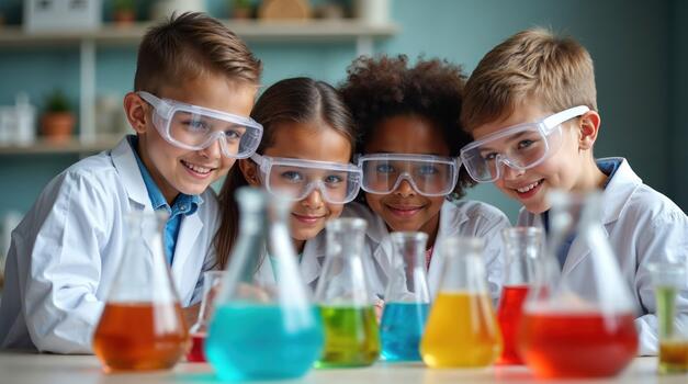 Niños con gafas de protección descubriendo la ciencia en un laboratorio
