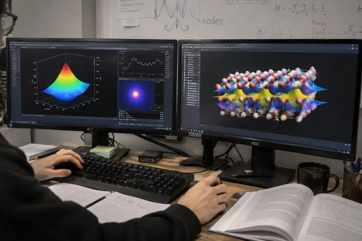 Dos pantallas con simulaciones cuánticas: una función de onda en 3D y una red de átomos