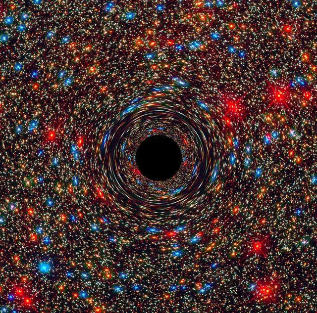Simulación de un agujero negro supermasivo: el disco negro central es el horizonte de sucesos y la luz de las estrellas de detrás aparece estirada a su alrededor