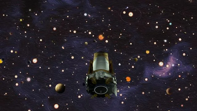 Ilustración del telescopio espacial Kepler en un cielo lleno de planetas
